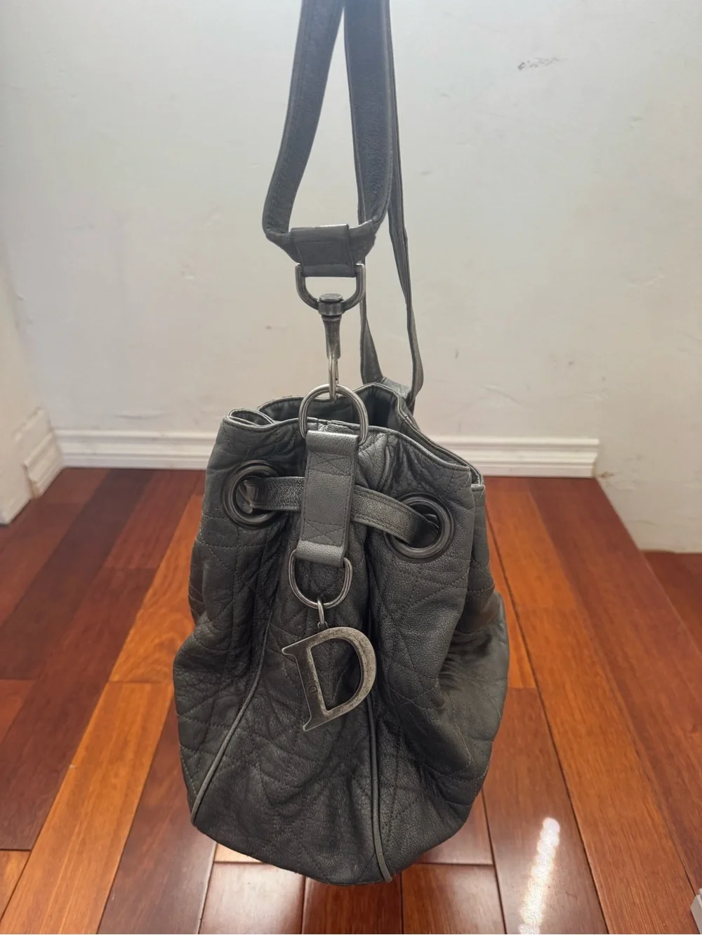 Authentic Dior Metallic Gray Quilted Drawstring Shoulder Bag